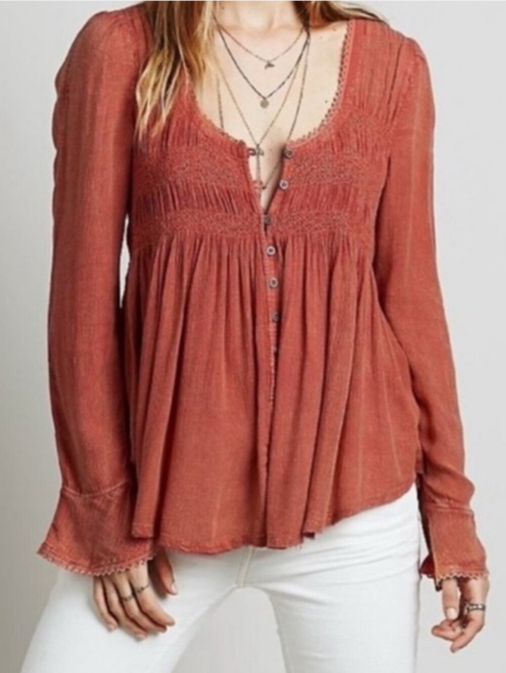 Free People "Blue Bird" Smocked Peasant Tunic Women's Medium Burnt Orange Boho